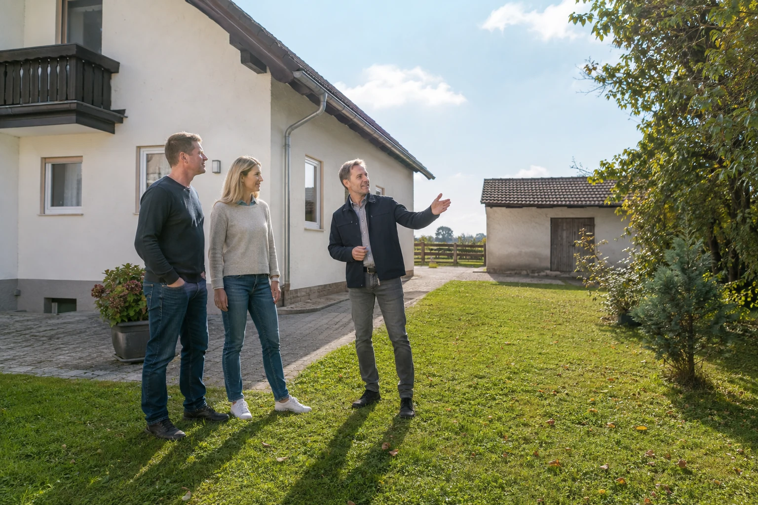 Kaufinteressenten besichtigen mit einem Berater Garten und Nebengebäude eines Wohnhauses am Land